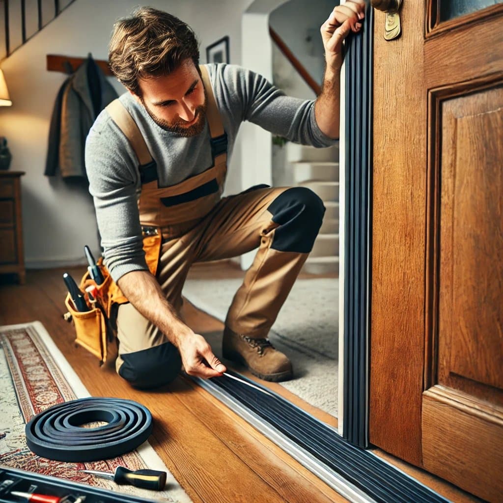Tradesman fitting a weatherstrip seal along the bottom of a front door