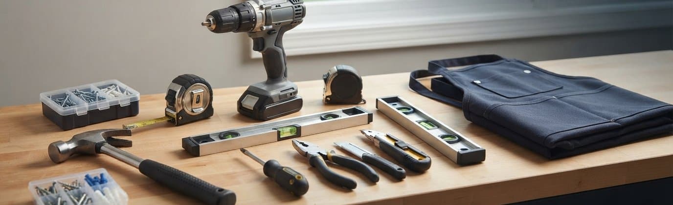 Handyman tools laid out on a workbench — drill, hammer, tape measures, spirit levels and a tool apron